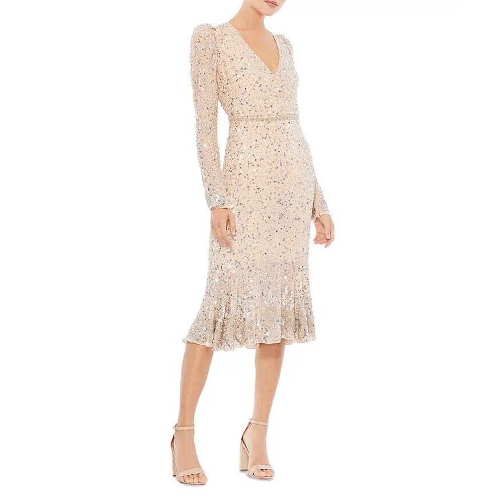Mac Duggal V Neck Embellished A Line Dress Nude Silver Size 12